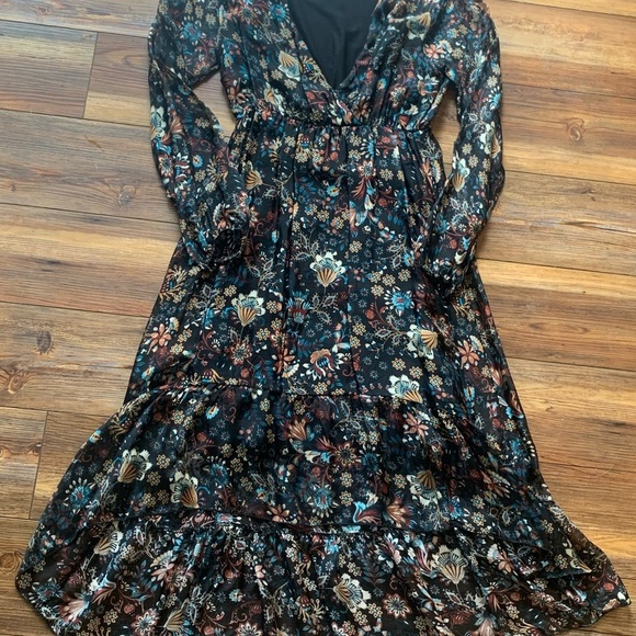 ELENA BALDI Italy Silk Blend Floral V-neck Long Sleeve Hi Low Hem Dress Size Med - Picture 6 of 12